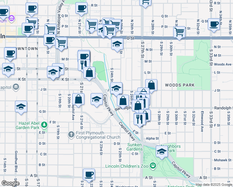 map of restaurants, bars, coffee shops, grocery stores, and more near 617 South 25th Street in Lincoln