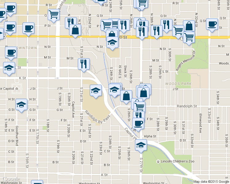 map of restaurants, bars, coffee shops, grocery stores, and more near 617 South 25th Street in Lincoln