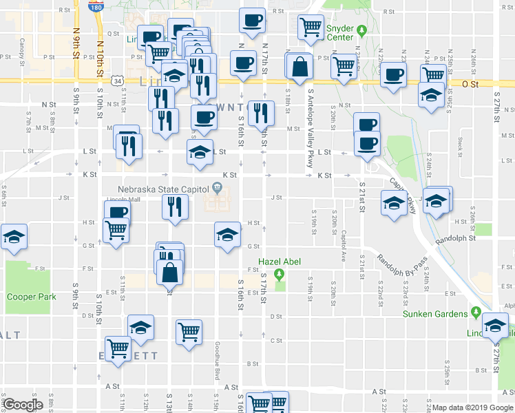map of restaurants, bars, coffee shops, grocery stores, and more near 1631 J Street in Lincoln