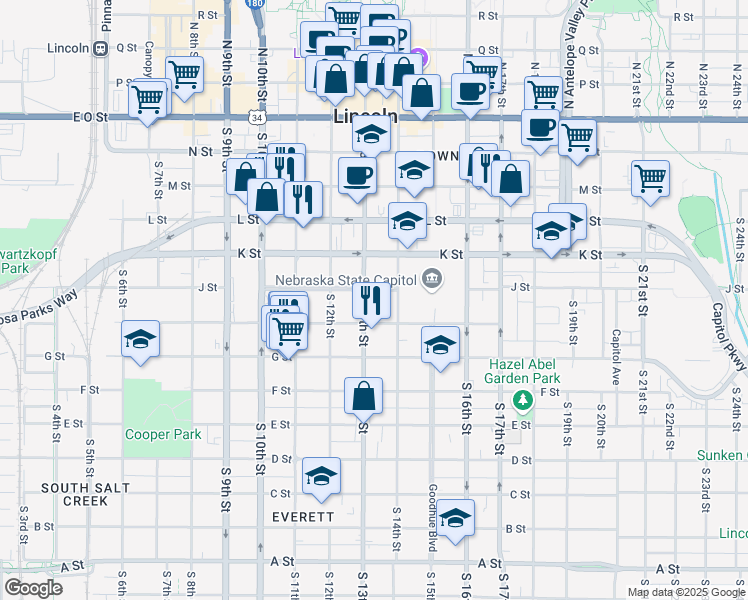 map of restaurants, bars, coffee shops, grocery stores, and more near 1312 H Street in Lincoln