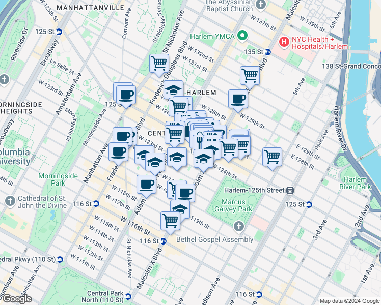 map of restaurants, bars, coffee shops, grocery stores, and more near West 124th Street in New York