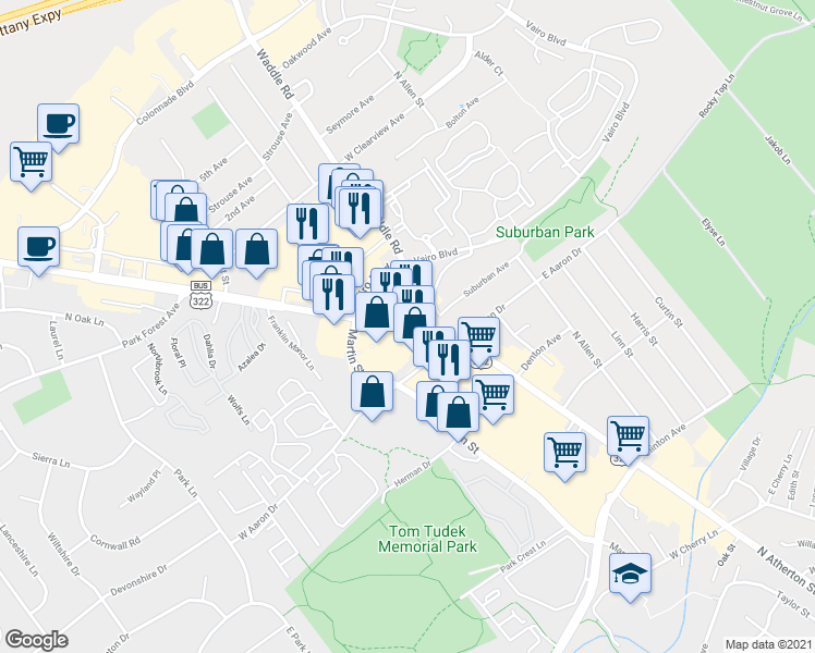 map of restaurants, bars, coffee shops, grocery stores, and more near 1670 North Atherton Street in State College