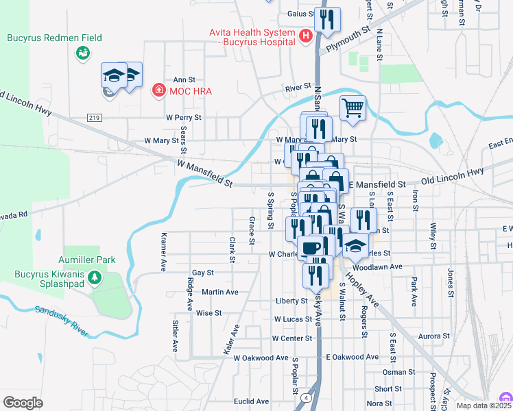 map of restaurants, bars, coffee shops, grocery stores, and more near 409 West Rensselaer Street in Bucyrus