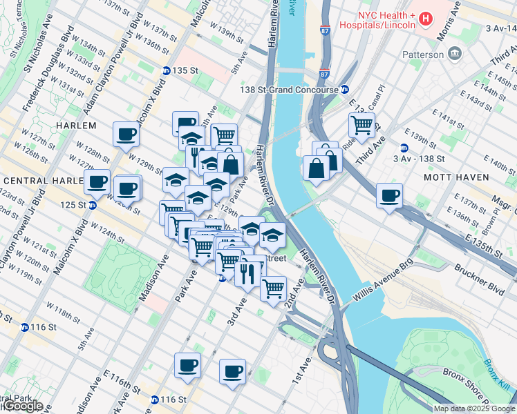 map of restaurants, bars, coffee shops, grocery stores, and more near 2170 Lexington Avenue in New York