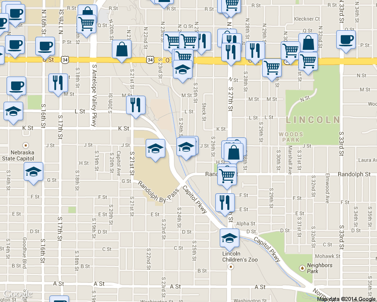 map of restaurants, bars, coffee shops, grocery stores, and more near 2427 J Street in Lincoln