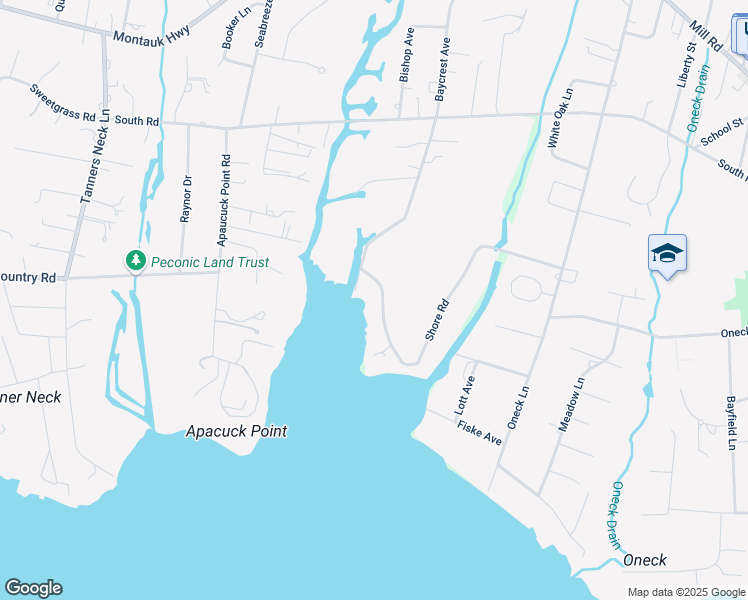 map of restaurants, bars, coffee shops, grocery stores, and more near 69 Shore Road in Westhampton