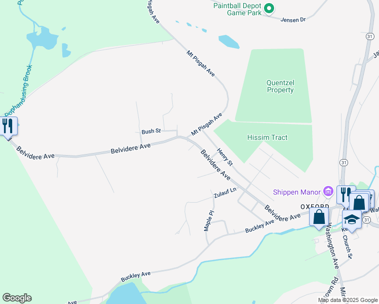 map of restaurants, bars, coffee shops, grocery stores, and more near 175 Belvidere Avenue in Oxford
