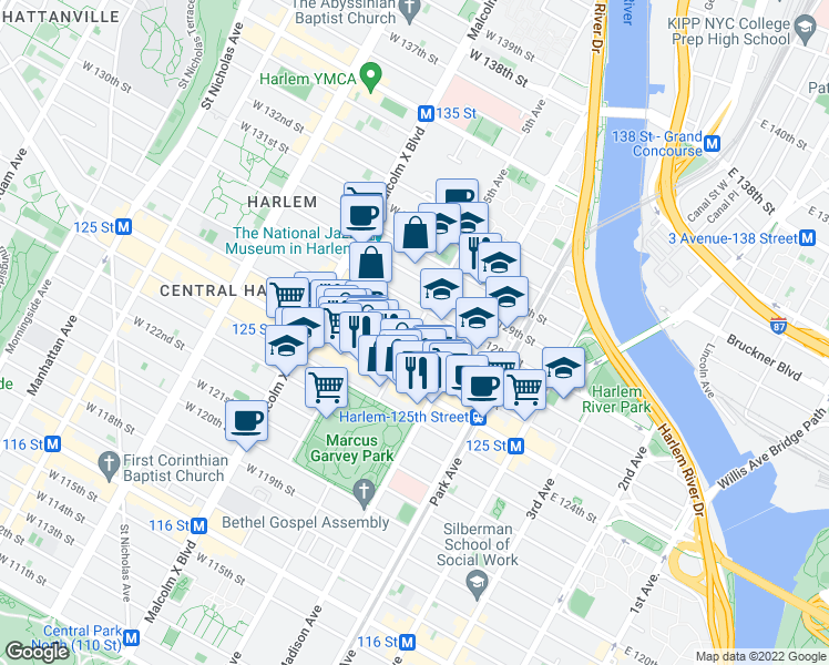 map of restaurants, bars, coffee shops, grocery stores, and more near 5th Ave & E 127th St in New York