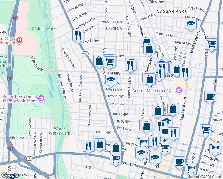 map of restaurants, bars, coffee shops, grocery stores, and more near 1100 10th Street Northwest in Canton