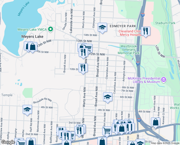 map of restaurants, bars, coffee shops, grocery stores, and more near 2904 10th Street Northwest in Canton