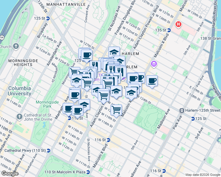 map of restaurants, bars, coffee shops, grocery stores, and more near 7th Avenue & West 123rd Street in New York