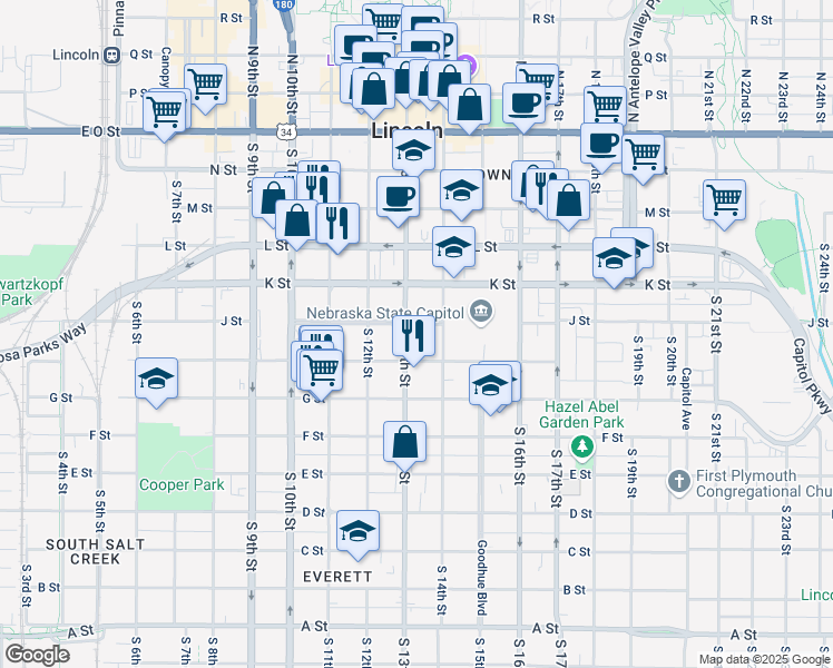 map of restaurants, bars, coffee shops, grocery stores, and more near 1301 Lincoln Mall in Lincoln