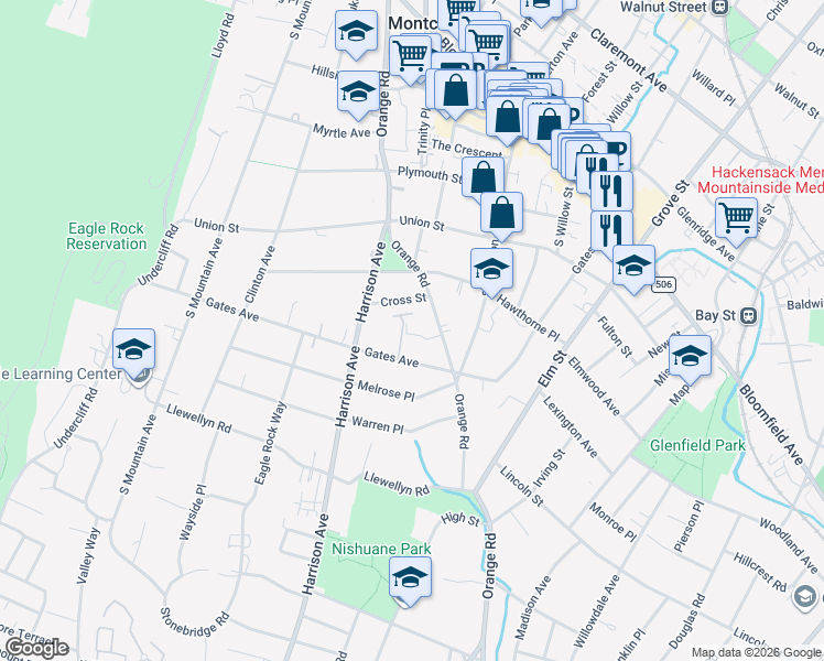 map of restaurants, bars, coffee shops, grocery stores, and more near 180 Orange Road in Montclair