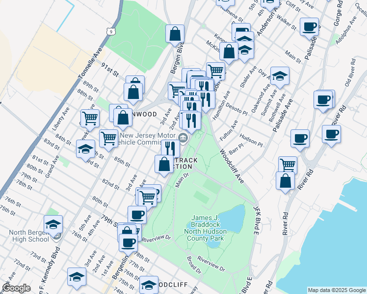 map of restaurants, bars, coffee shops, grocery stores, and more near 8901 Bergenline Avenue in North Bergen