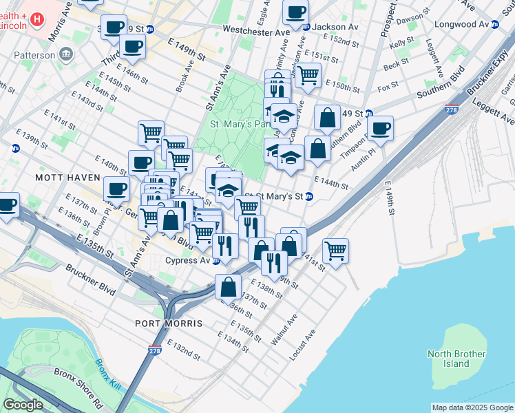 map of restaurants, bars, coffee shops, grocery stores, and more near 340 Jackson Avenue in Bronx