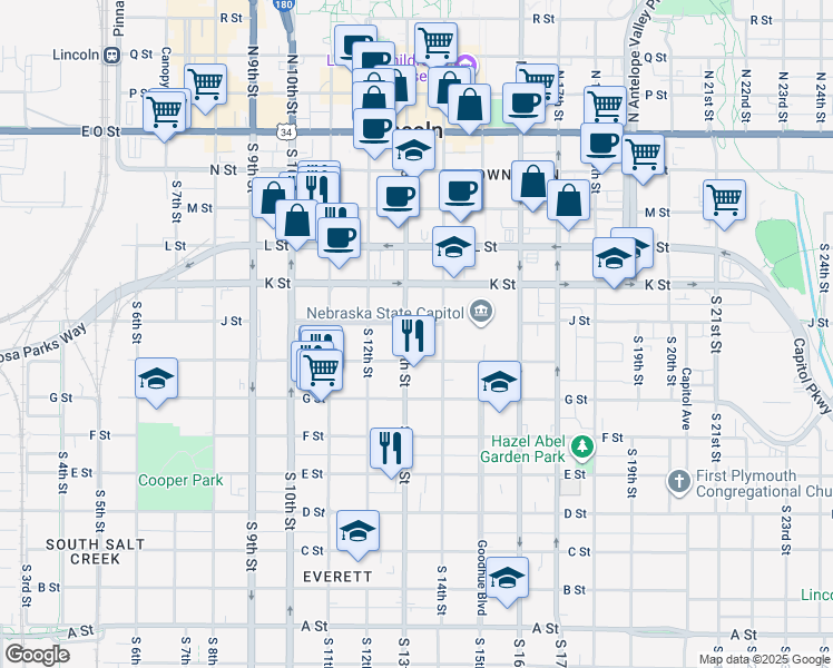 map of restaurants, bars, coffee shops, grocery stores, and more near 1301 Lincoln Mall in Lincoln