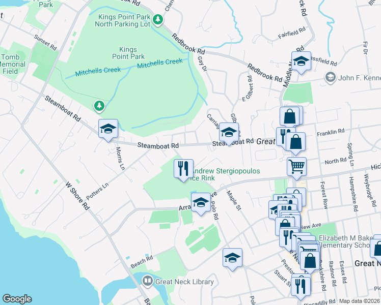map of restaurants, bars, coffee shops, grocery stores, and more near 37 Wood Road in Great Neck