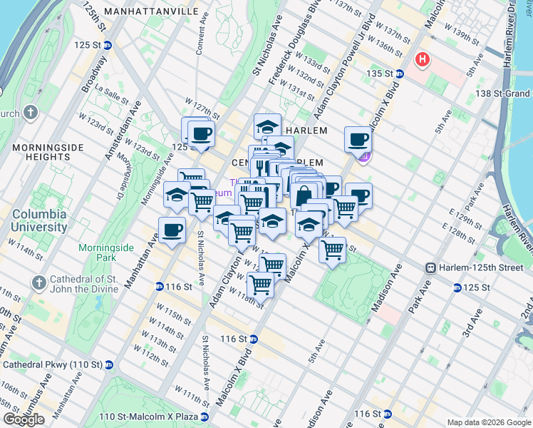 map of restaurants, bars, coffee shops, grocery stores, and more near 157 West 123rd Street in New York