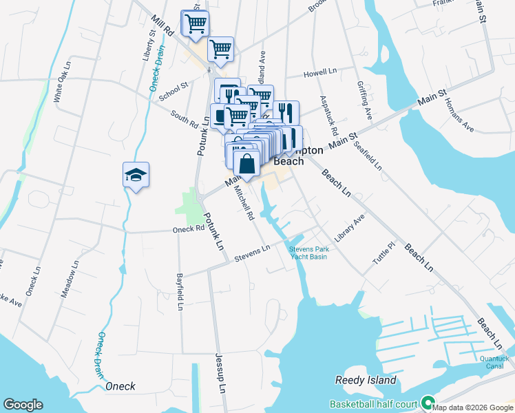 map of restaurants, bars, coffee shops, grocery stores, and more near 3004 Mitchell Road in Westhampton Beach