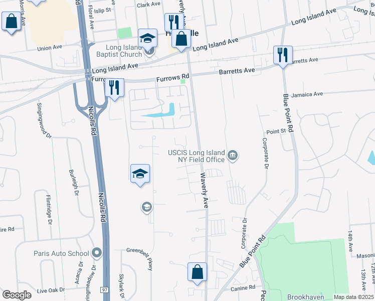map of restaurants, bars, coffee shops, grocery stores, and more near 212 Storm Drive in Holtsville