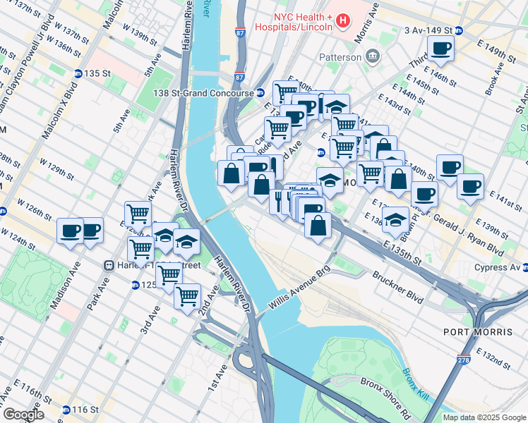 map of restaurants, bars, coffee shops, grocery stores, and more near 4487 3rd Avenue Bridge in Bronx