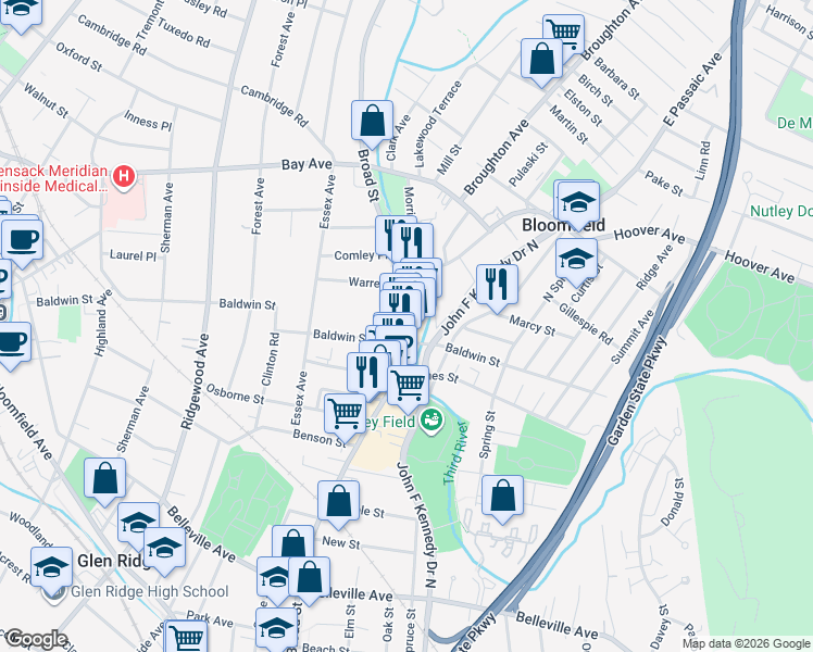 map of restaurants, bars, coffee shops, grocery stores, and more near 11 Baldwin Street in Bloomfield