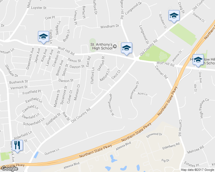 map of restaurants, bars, coffee shops, grocery stores, and more near 11 Gilford Court in Melville