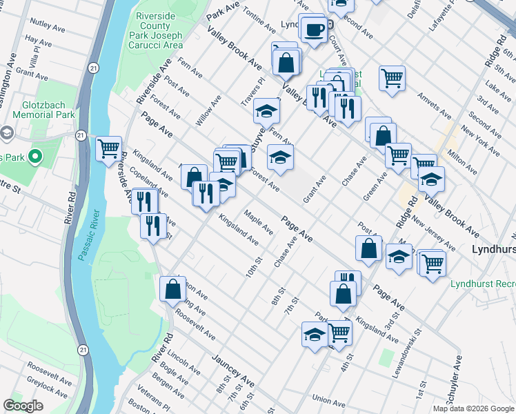 map of restaurants, bars, coffee shops, grocery stores, and more near 354 Page Avenue in Lyndhurst
