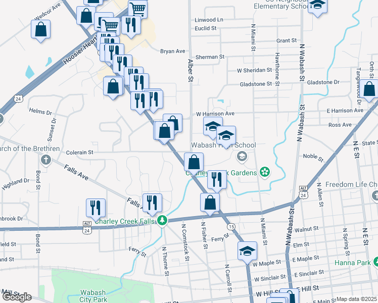 map of restaurants, bars, coffee shops, grocery stores, and more near 150 Colerain Street in Wabash