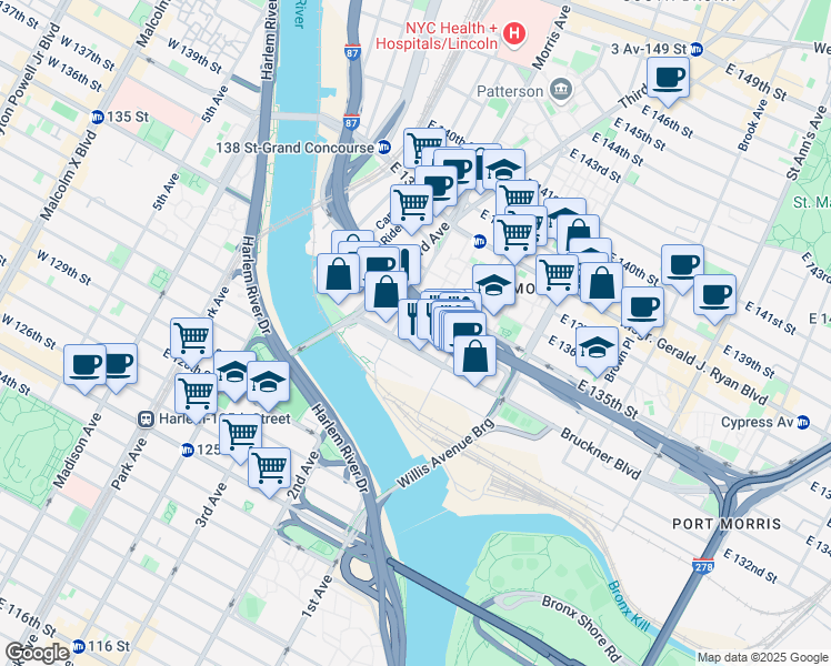 map of restaurants, bars, coffee shops, grocery stores, and more near 20 Bruckner Boulevard in Bronx