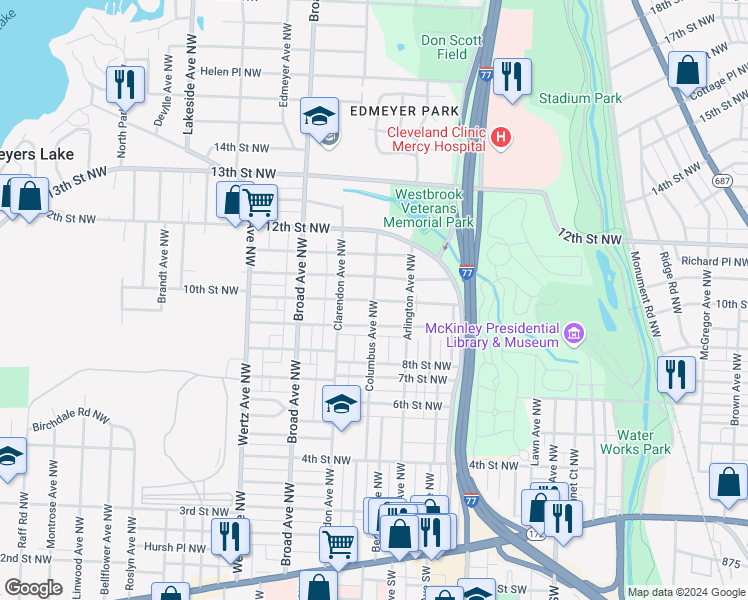 map of restaurants, bars, coffee shops, grocery stores, and more near Columbus Ave NW & 10th St NW in Canton