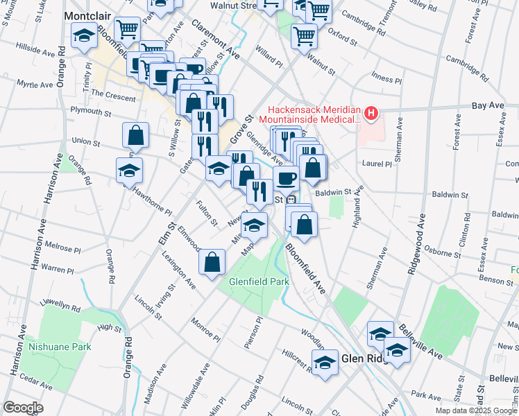 map of restaurants, bars, coffee shops, grocery stores, and more near 125 Bloomfield Avenue in Montclair