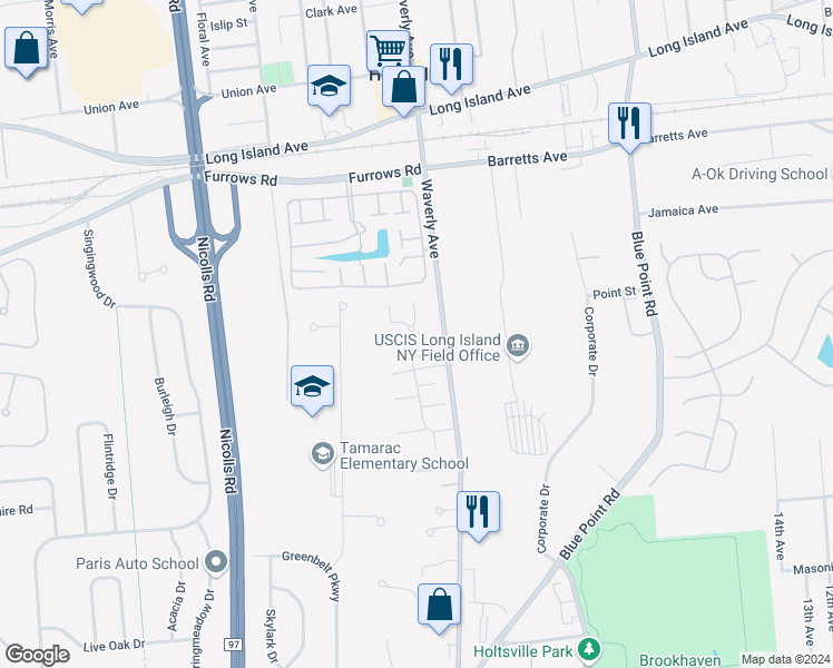 map of restaurants, bars, coffee shops, grocery stores, and more near 212 Storm Drive in Holtsville