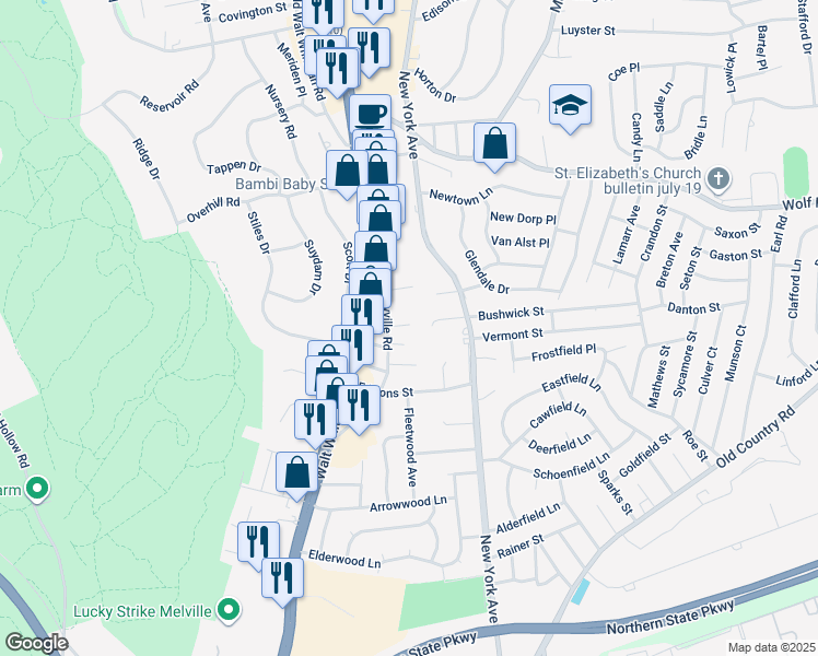 map of restaurants, bars, coffee shops, grocery stores, and more near 28 Amityville Road in Melville