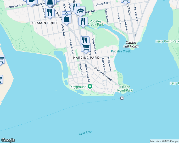 map of restaurants, bars, coffee shops, grocery stores, and more near 147 Admiral Lane in Bronx