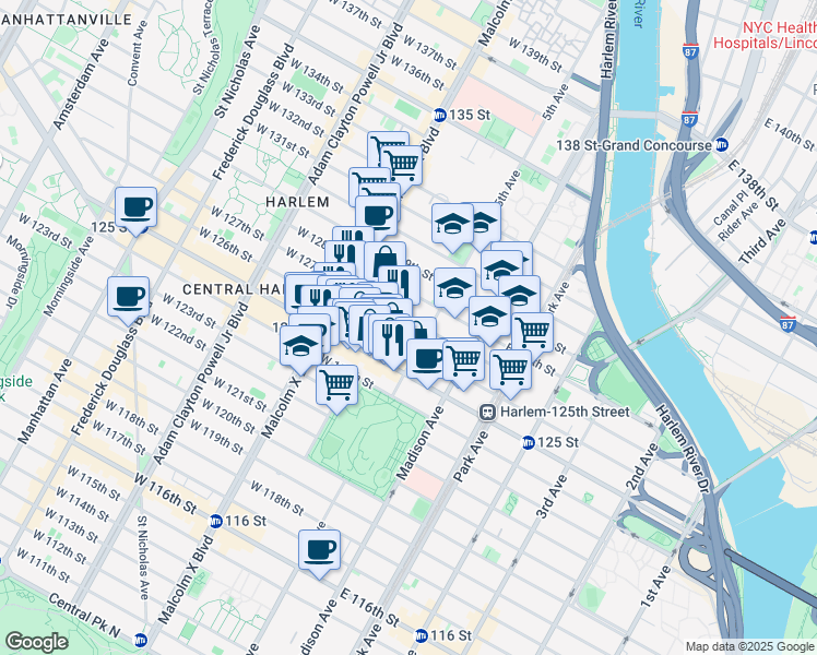map of restaurants, bars, coffee shops, grocery stores, and more near 23 West 125th Street in New York