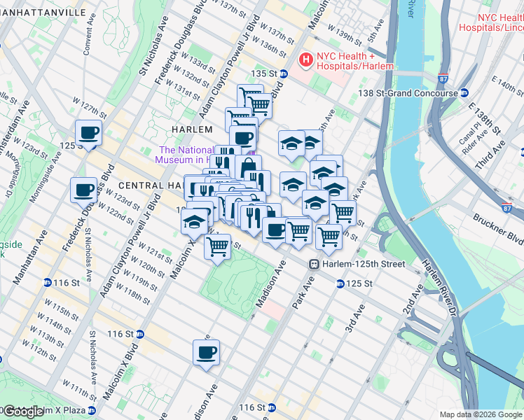 map of restaurants, bars, coffee shops, grocery stores, and more near 23 West 125th Street in New York
