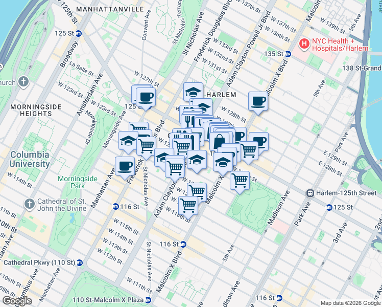 map of restaurants, bars, coffee shops, grocery stores, and more near 157 West 123rd Street in New York