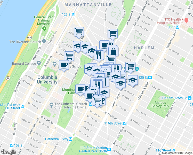 map of restaurants, bars, coffee shops, grocery stores, and more near 315 West 120th Street in New York