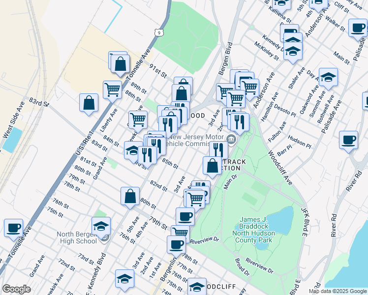 map of restaurants, bars, coffee shops, grocery stores, and more near 8607 4th Avenue in North Bergen