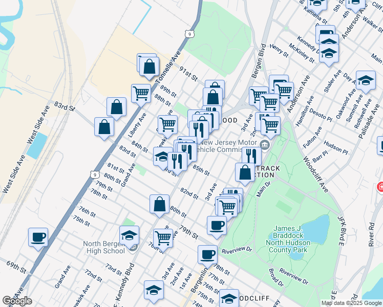 map of restaurants, bars, coffee shops, grocery stores, and more near in North Bergen