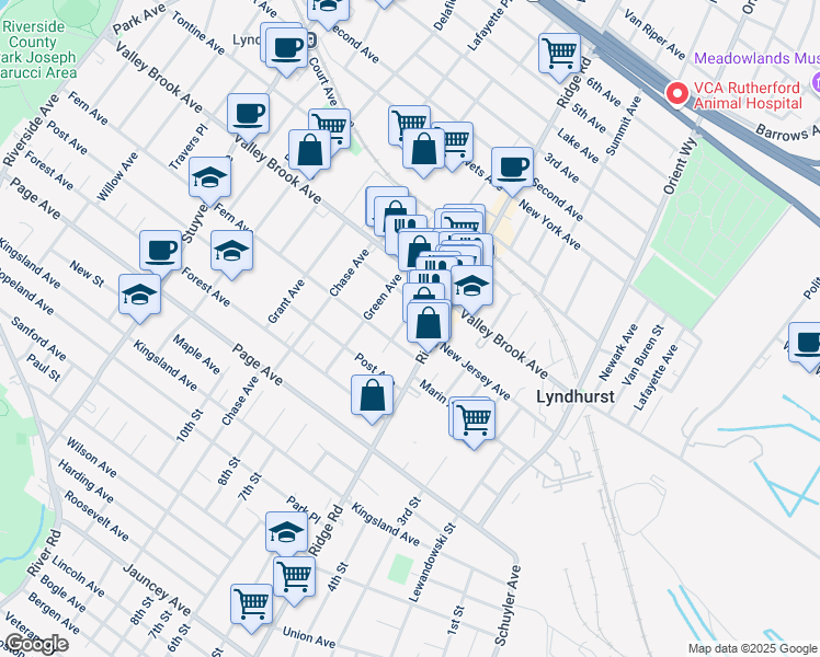 map of restaurants, bars, coffee shops, grocery stores, and more near 565 Fern Avenue in Lyndhurst