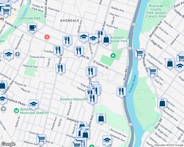 map of restaurants, bars, coffee shops, grocery stores, and more near 38 Washington Avenue in Nutley