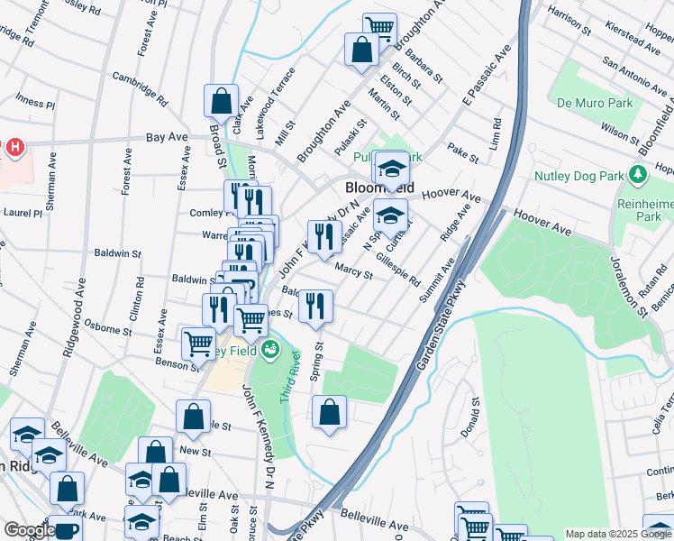 map of restaurants, bars, coffee shops, grocery stores, and more near 50 Beekman Street in Bloomfield