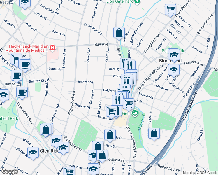 map of restaurants, bars, coffee shops, grocery stores, and more near 83 Essex Avenue in Bloomfield