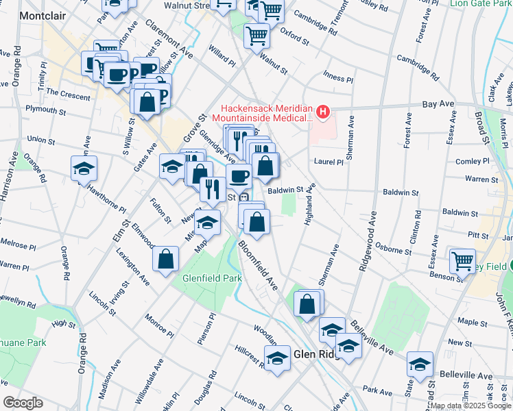 map of restaurants, bars, coffee shops, grocery stores, and more near in Montclair