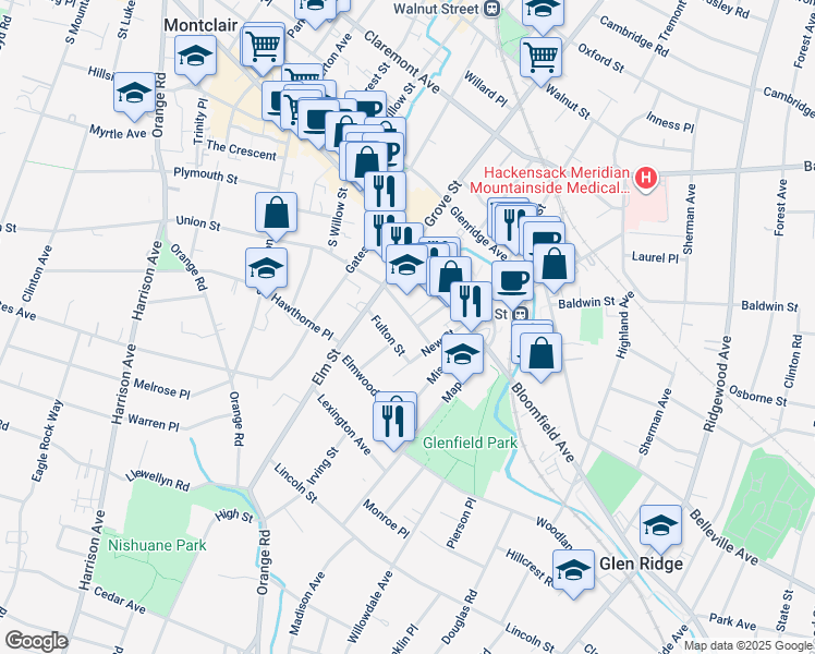 map of restaurants, bars, coffee shops, grocery stores, and more near 10 Washington Street in Montclair