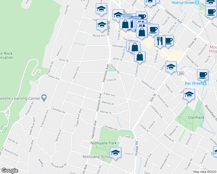 map of restaurants, bars, coffee shops, grocery stores, and more near 127 Gates Avenue in Montclair