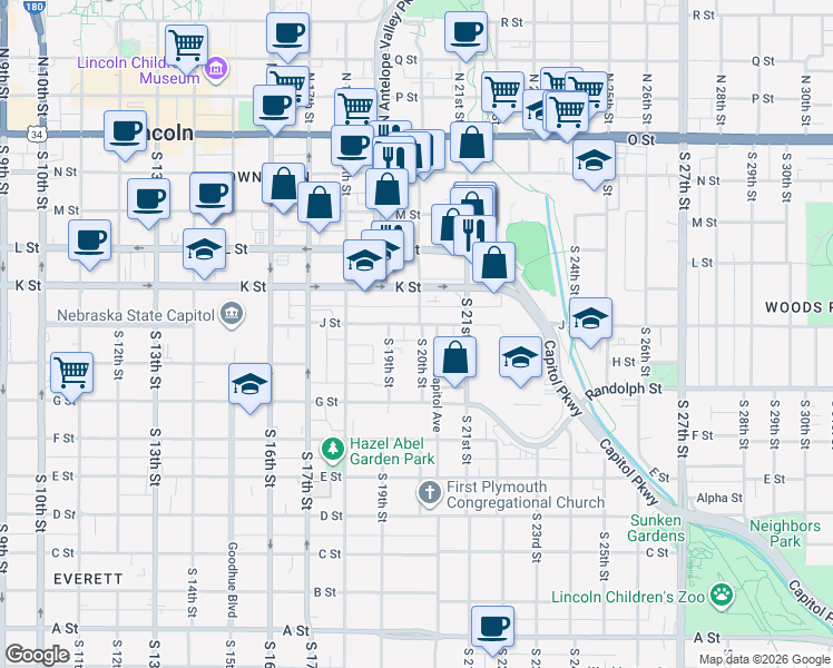 map of restaurants, bars, coffee shops, grocery stores, and more near 611 South 20th Street in Lincoln