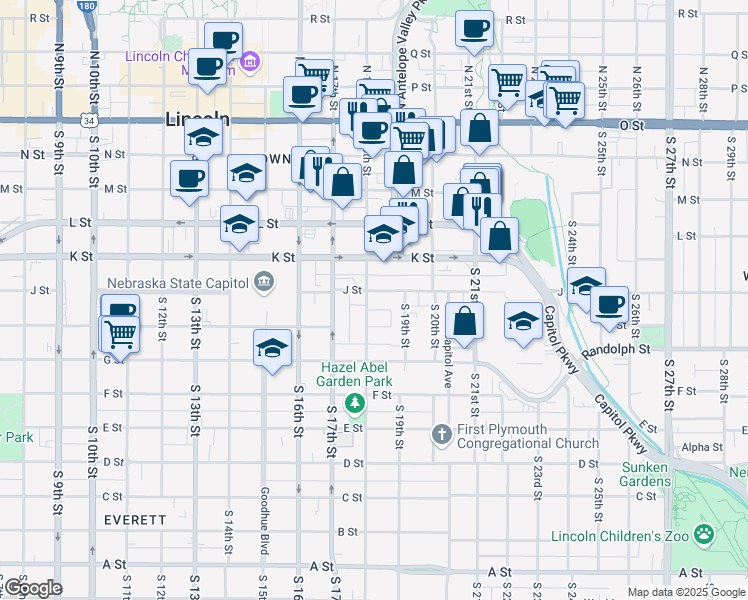 map of restaurants, bars, coffee shops, grocery stores, and more near 1829 J Street in Lincoln